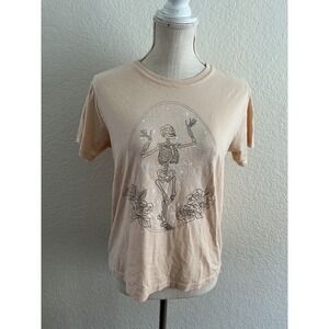 Mighty Fine Graphic Tee Medium Peach Dancing Skeleton Roses Stars Short Sleeve